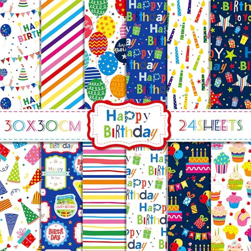 CC HOME 24 Blatt Doppelseitige Dekorpapier Scrapbook Craft Papier für Happy Birthday Journal Fotoalbum Hochzeit 30x30cm