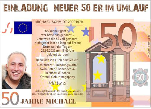 Unser-Festtag Einladungen zum Geburtstag, nur 50ster fünfzig Jahre, mit Foto, lustige witzige Karten, Text änderbar, 10 Karten DIN A6 (14,8 x 10,5 cm)