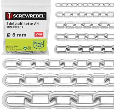 SCREW REBEL 6,0 mm starke Edelstahlkette A4 rostfrei, Verbindungskette 3 m lang, kalibriert, Sicherungskette kurzgliedrig DIN 766, Metallkette, Rundstahlkette V4A mit 3 Meter Länge