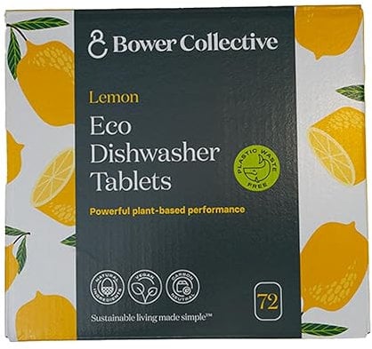 Bower Collective Eco Dishwasher Tablets 72 Pack, Plastic Free Natural Dishwasher Pods, Plant Based, 87% Naturally Derived, Biodegradable Water Soluble Wrapper
