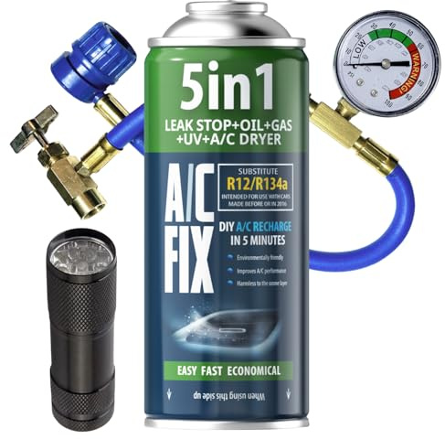 AC Fix 5-en-1 – R134a + Tuyau + Lampe Torche, 235 g Réfrigérant pour climatisation Automobile avec Huile, Produit d'étanchéité, Colorant UV, dessiccant – Application Rapide – Protège Le compresseur