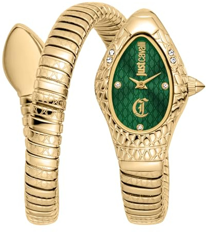 Just Cavalli Signature Snake Vetra - Damen-Armbanduhr Quarz Mode Armband und Gehäuse aus Edelstahl Farbe Gold Analoges Zifferblatt Grün - JC1L373M0035