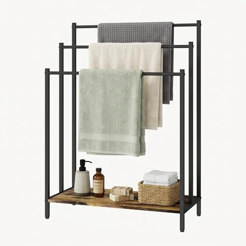 Relaxdays Handtuchständer mit Ablage, HBT 82,5x60x28cm, Industrial, 3 Stangen, Handtuchhalter stehend, Dunkelbraun/schwarz