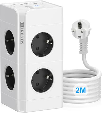 8 Fach Steckdosenturm mit Überspannungsschutz, Schalter |16A 3680W | Steckdosenleiste (8 Schuko + 4 USB) | Mehrfachsteckdose mit Verlängerungskabel 2m | für Büro, Schwarz