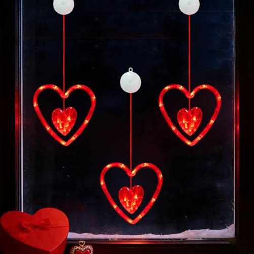 Valentinstag Deko Fensterlichter, Herz Fensterbeleuchtung mit Timer, Frühlingsdeko Fenster Beleuchtet Rot Herz Deko Fensterdeko mit Saugnapf Batteriebetriebene LED Lichterkette für Hause Hochzeit (D)