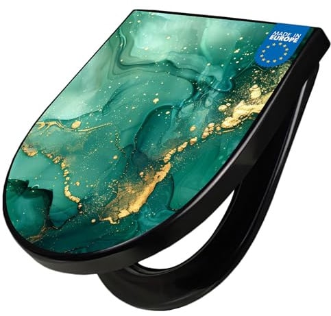 banjado WC Sitz mit Absenkautomatik D Form - Toilettendeckel mit Absenkautomatik D Form - Klodeckel Softclose - stabile Klobrille - Toilettensitz Schwarz - Motiv Grüner Marmor mit Gold 1