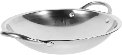 Operitacx Wok Rond en Acier Inoxydable Léger avec Double Poignée Antidérapante pour Cuisiner la Maison Camping, Poêle Wok à Fond Arrondi Solide et Pratique