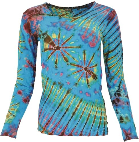 Unikat Batik Shirt, Boho Langarmshirt, elastisch, figurbetont, hellblau | 95 % Viskose, 5 % Elastan, Slim Fit, einzigartiges Batik-Muster, handwaschbar, ideal für Freizeit und besondere Anlässe