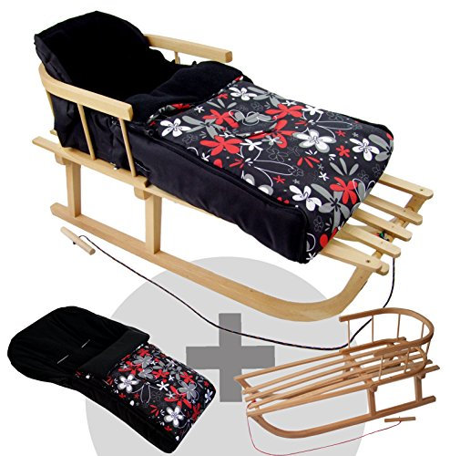 Rawstyle *Kombi-Paket* Holz-Schlitten mit Rückenlehne & Zugseil + universaler Winterfußsack (108cm) Fleece, auch geeignet für Babyschale, Kinderwagen, Buggy (Schwarz + Rot/Graue Blumen)