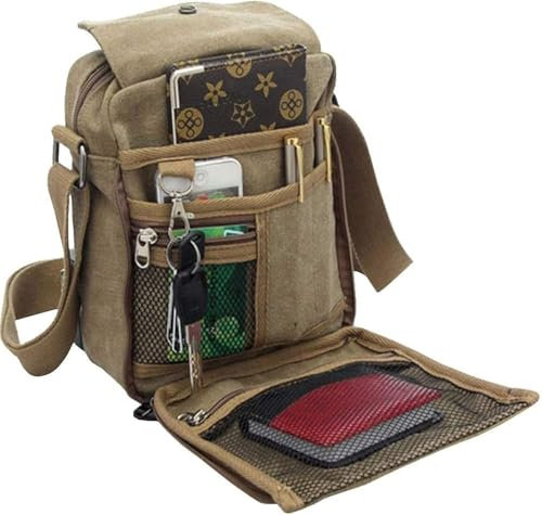 Men's Canvas Messenger Bag,Casual Shoulder/Chest Bag,Travel Carry Bag,Multi-pocket Purse Handbag Crossbody Bags,Vintage Lightweight Small Satchel,Khaki