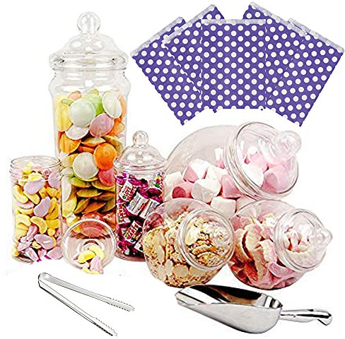 6 Jar Retro Pick & Mix Victorian Sweet Shop Candy Buffet Kit Party Pack with Tongs & Bags - Purple Polka