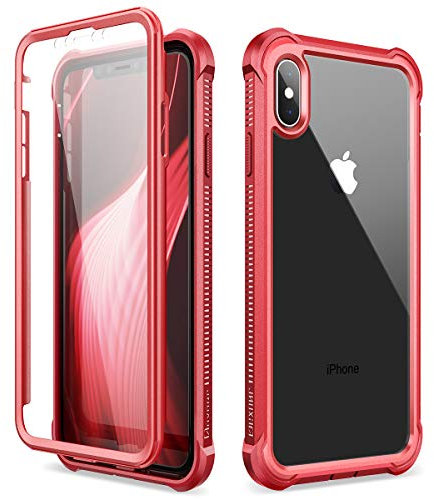 Dexnor Compatible with Iphone XS MAX Case 6.5 Inch, 360 Degree Full Body Anti Slip and Shockproof Soft TPU Bumper + PC Clear Protective Cover with Built-in Screen Protector - Red