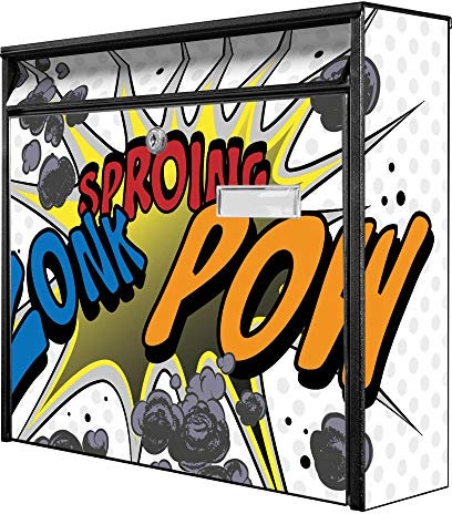 banjado® Burg-Wächter® Briefkasten mit Motiv Comic/Briefkasten ohne Zeitungsfach 32x36x10 cm groß/Briefkasten mit Namensschild A4 Einwurf inkl. Montagematerial & 2 Schlüsseln