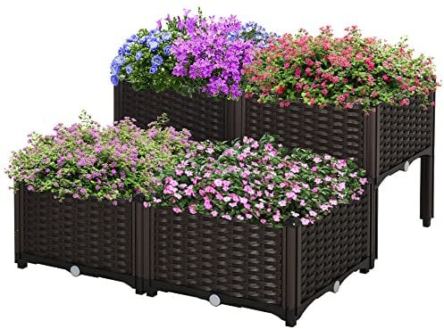 Outsunny Jardinière sur Pieds carré Potager 2 étages dim. 80L x 80l x 44H cm Insert d'irrigation Plastique Imitation rotin tressé Chocolat