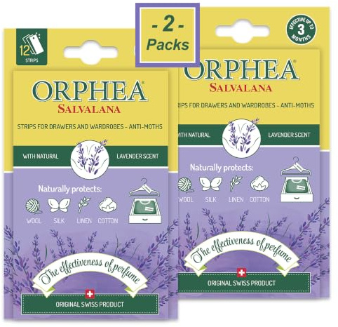 Orphea Anti Moth Strips - Lavander Scent (2 packs, 24 Strips) | Moth Repellent for Wardrobes, Drawers, Shelves - Wardrobe Fresheners for Wool - Moth Paper Strips for Clothes Storage