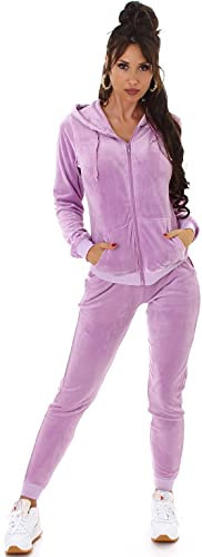 Jela London Damen Nicki Hausanzug Jogginganzug Velour Samt Jogging Freizeit Hose Kapuzen Jacke, Flieder Hell Violett, 38-40 (L)