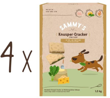 Sammy´s Knusper-Cracker | Herzhafte Snacks für Hunde | Knusper-Cracker mit Käse- und Spinatfüllung | 4 x 1 kg