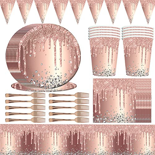 TVBP 61 PCS Fournitures De Fête D'anniversaire, Couverts En Or Rose, Assiettes, Tasses, Nappes, Serviettes En Papier, Couverts De Fête D'Anniversaire De Mariage, 10 Invités