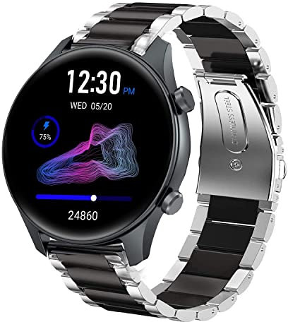 Onetuo Armband Kompatibel mit TouchElex Venus Smartwatch, Classic Edelstahl Uhrenarmband für TouchElex Venus Smartwatch 1,2 Zoll (Silber-Schwarz)