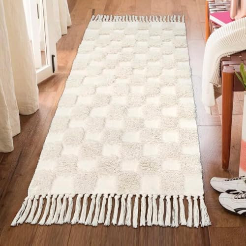 Lanffia Boho Läufer Teppich, 5x12.7 cm, waschbar, Beige, Schachbrett, getuftet, Küchenläufer mit Quasten, böhmische Baumwolle, gewebt, Akzent-Teppich für Zuhause, Wohnzimmer, Waschküche, Badezimmer