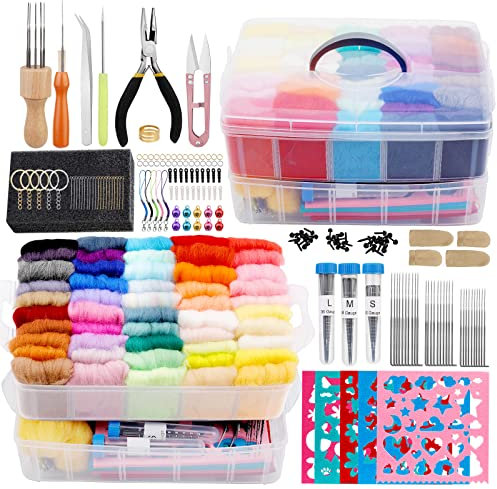 Ruasol Nadelfilz-Set, komplettes Nadelfilz-Werkzeug und Zubehör mit Filzwolle 50 Farben, Nadelfilz-Starter-Set mit Filzformen, hochdichte Schaumstoff-Aufbewahrungsbox für gefilzte Tier-Bastelarbeiten