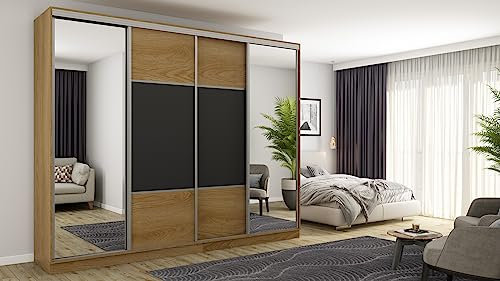 eMeblast - viertüriger Kleiderschrank - 300x244x65cm- Schiebetüren - Schlafzimmer - Wohnzimmer - Garderobenschrank - Kleiderstangen - Schubladen - Einlegeböden Silver Oak Karmel/Schwarz mit Spiegel
