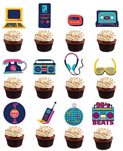 Cupcake Topper 24 Stück Retro Cake Toppers 90er Jahre Vintage Thema Kuchen Dekorationen Zubehör Gefälligkeiten, Kuchen Picks für Geburtstag Jahrestag Baby Dusche Hochzeit Verlobung Party Dekorationen
