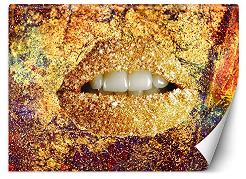 Vinyl Fototapete Erotik Lippen 400x280 cm XXL Wandtapete Tapeten Wohnzimmer Schlafzimmer Jugendzimmer Büro Flur Hotel Spa Moderne Design Wand Dekoration Abstrakt Frau Gold