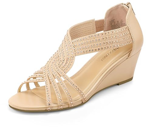 PIZZ ANNU Sandalen Damen Glitzer Strass Sandaletten mit Keilabsatz Reißverschluss Plateau Sommer Frauen Schuhe Keilsandalen Elegant Bequem Sommerschuhe Nude EU 37