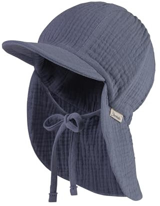Sterntaler Schirmmütze Nacken Musselin - Unisex Mütze aus Baumwoll Musselin (Bio) - UV-Schutz 50+ Sonnenhut mit Nackenschutz - Baby- und Kinder Sommer Kopfbedeckung zum Binden - graublau, Größe 45