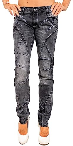 Cipo & Baxx Damen Jeans Slim & Regular Fit Stretch Used Look | Stylische Hosen mit Ziernähten, Zippern, bequemer Passform, modischem Design für Alltag und besondere Anlässe