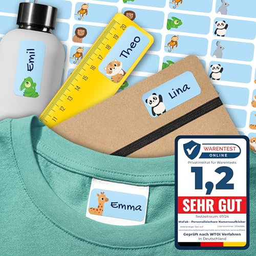 Namensaufkleber für Kinder (108 Stk. 30x13 mm) - Wasserfeste Namensschilder für Kleidung, Textilien und Gegenstände - Optimal für Kita, Kindergarten und Schule - Schöne Motive personalisierbar