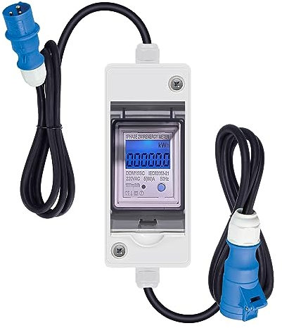 kyaoayo LCD Digitaler Stromzähler 230V, Wasserdicht Mobile Tragbar Stromverbrauchsmesser mit Industriestecker/Gummikabel/Geeicht Reset, Energiekostenmessgerät für Elektrofahrzeuge/Industriemaschinen