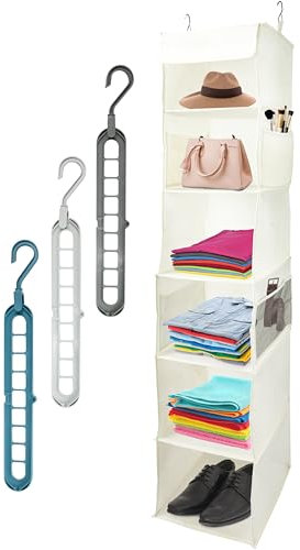 Prismian Organizer Armadio, Organizzatore Armadio Salvaspazio - 6 Ripiani Per Armadio Interno, Portaoggetti Da Appendere Pieghevole, Porta Borse Da Armadio con 4 Tasche Laterali, 2 Ganci, 3 Grucce