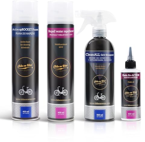 BIKE on Wax 4-teiliges Fahrrad-Reinigungsset, Trailblazer Tune-Up, Entfetter, Schmutzentferner, Wasserabweisend, Trockenes Kettenschmiermittel und Politur, Für Mountainbike, Rennrad und E-Bike