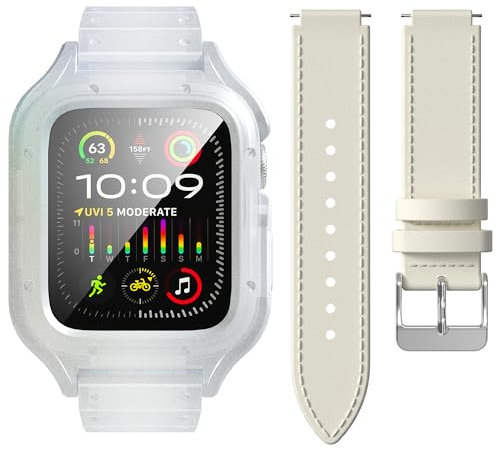 Diruite 2 en 1 Funda para Apple Watch Series 9/8/7/6/5/4/SE 44mm 45mm Cristal Templado Protector+Correa,Ultradelgada Case Protectora Dura PC + Correas Cuero para iWatch 44mm 45mm