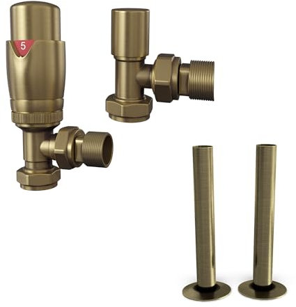 UK Radiators Thermostatic Radiator Valve + 130mm Pipe Sleeves - Energy Saving 1/2 x 15mm Brass Angled Valve - Antique Brass Colour