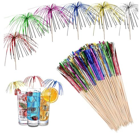 MaoNativey 100 Pièce Feu d'artifice Cocktail Bâtons, Feu d'artifice Bambou Bois Bâton Decoration Cocktail Bâtonnets à Cocktail Décoration pour Bar Boire des Fruits Nourriture Party