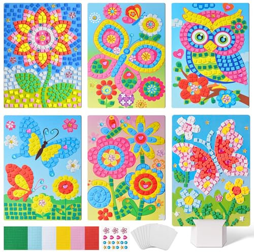 Tenare 6 Stück Frühling Mosaik Bastelset für Kinder Mosaik Aufkleber Set Mosaik Klebebilder für Mädchen Junge Selbstklebendes Kreativset für Kindergeburtstag Geschenk Party Beschäftigung (Klassisch)