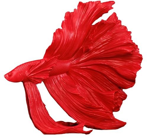 Kampffisch CROWNTAIL 32cm - rot - Kunststein glänzendes Finish maritim | Montiert geliefert, detailgetreue Ausarbeitung, Statement Piece, schwebende Optik, Eyecatcher, für Wohnräume, Unterwasserwelt