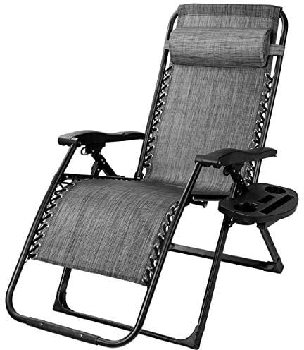 RELAX4LIFE Zero Gravity Chair, Folding Garden Sun Lounger with Cup Holder, Detachable Headrest Pillow, Outdoor Oversized Adjustable Patio Reclining Lounge Chair for Pool, Beach, Yard (1, Gray)