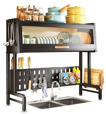 Over The Sink Dish Drying Rack mit Abdeckung Einstellbare Länge 23.2-33, 3-stufiger Großer Küchentresen Shlef mit Utensilienhalter, Schneidebretthalter (Color : Schwarz)