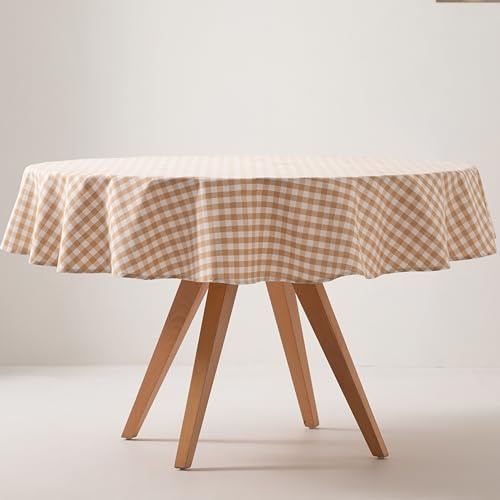 GAMUSI Nappe Ronde Carrée Vichy Antitache, Coton, Sensation Tissu, 160x160 cm Coloris Beige