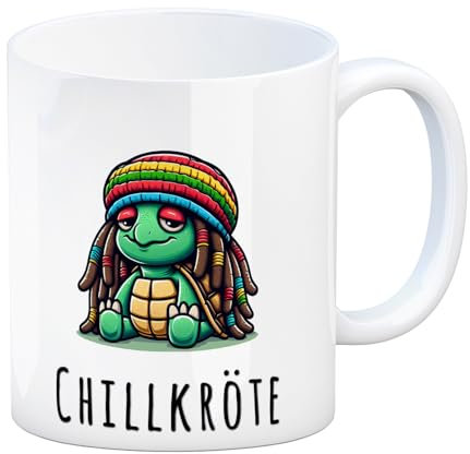 Schildkröte Rastafari Kaffeebecher mit Spruch Chillkröte Lustige Tasse Rastafarihut Schildkrötenbecher Bekifft mit Joint Dreadlocks Humor Geschenk