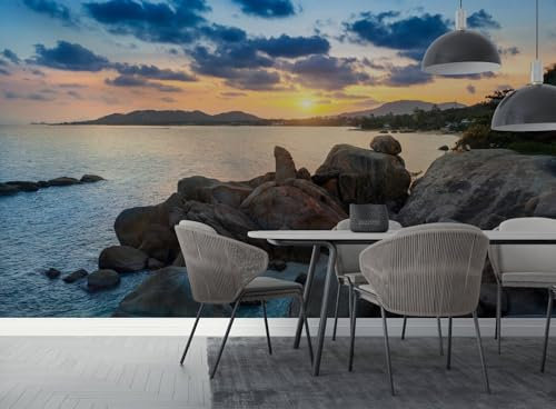 Fototapete 3D Effekt 3D-Sonnenuntergang-Himmel-Meer-Felsen Design Tapete Fototapeten moderne Wand Schlafzimmer Wohnzimmer,396 * 280cm