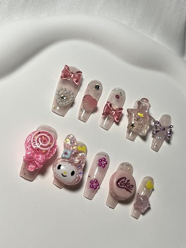 Handmade False Nails Long MouyouGlow, Ballerina Kawaii Pink 3D Cute MyMe Lody Carton Kitty Glitter Y2K Coquette Usable Press on Nails with Gel Pads, Handmade Fake Nails 10Pcs(#61-S Size)
