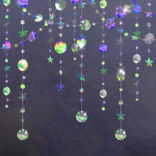 52Ft Iridescent Twinkle Circle Dot Star Garland Decoration,Hanging Shiny Paper Garland for Backdrop Kid Room Birthday Baby Shower Wedding Graduation Party Decorations