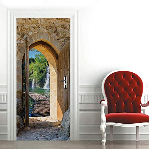 Sticker Porte Trompe l'oeil Effect 3D Poster Trompe l'oeil Porte Mural Intérieure pour Décoration Mur Salon Cuisine Chambre Salle de Bain Papier Peint 95x215 cm Style marocain