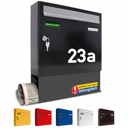 AL Briefkastensysteme Briefkasten mit Hausnummer RAL 7016 - Basic 1er Briefkasten Anthrazit mit Zeitungsfach Hausnummer Namensschild wetterfest Din A4 - Postkasten mit Hausnummernschild personalisiert