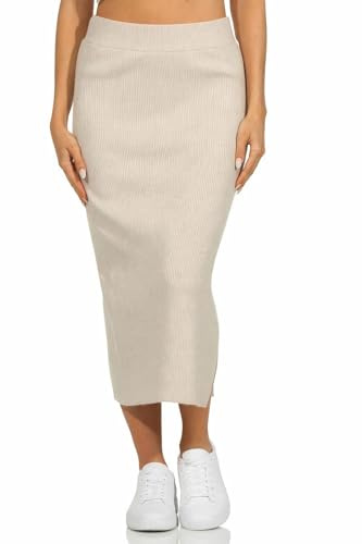 Eight 2 Nine Damen Midi Strick-Rock LETN-084 Damenrock wadenlang mit Schlitz Light Beige L